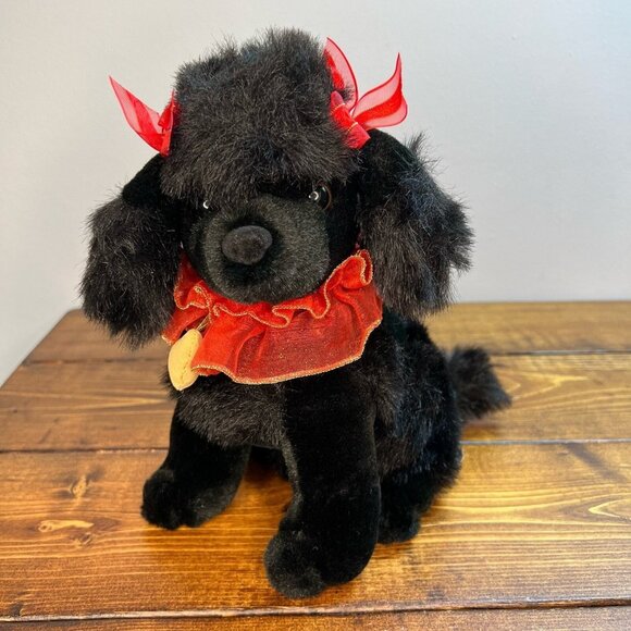 Realistic Black Poodle Dan Dee Red Bow Collar heart Plush Stuffed Animal - Picture 1 of 13